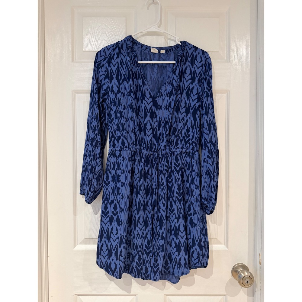 Gap Blue Ikat Print V-Neck Long Sleeve Mini Dress Small Boho Summer Beach - Picture 2 of 10